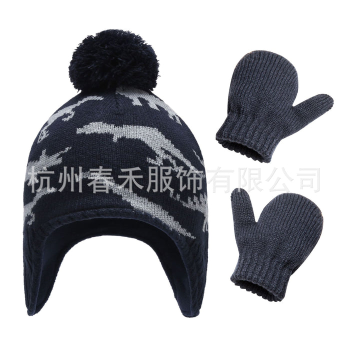 Wholesale Hat Acrylic Cute Dinosaur Winter Kids Knitted Hat Gloves 2 Piece Set MOQ≥2 JDC-FH-Chunh003