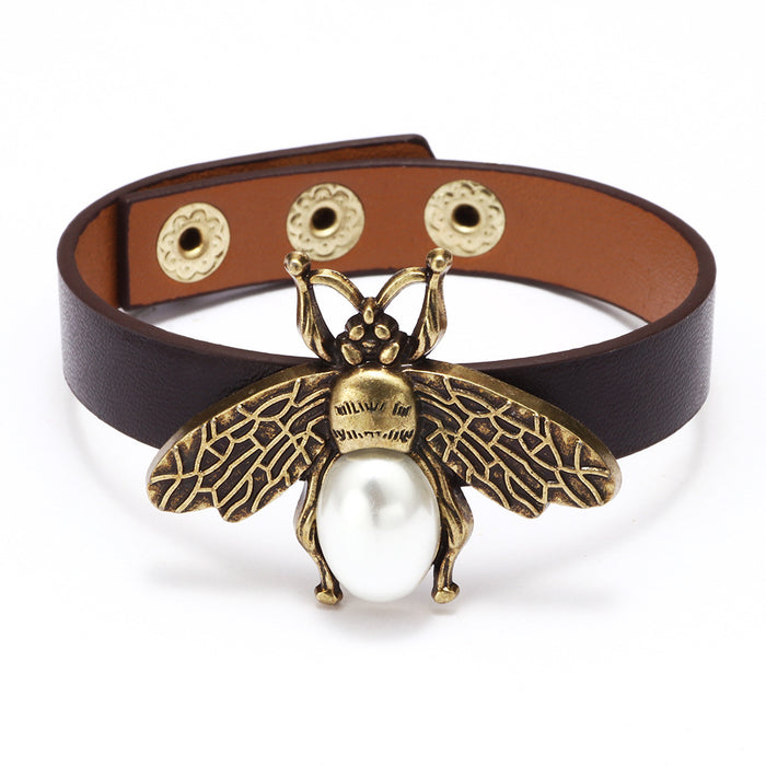 Wholesale Alloy Little Bee PU Leather Pearl Bracelet JDC-BT-QiN003