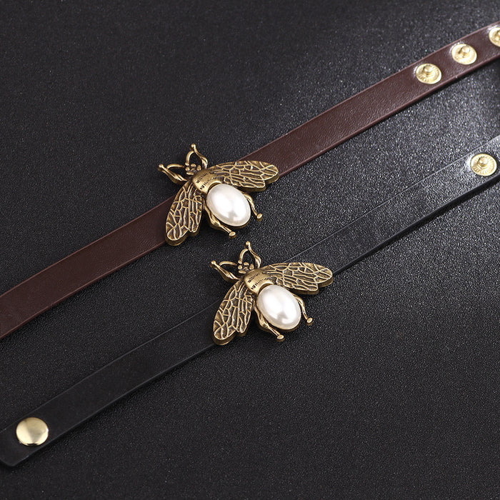 Wholesale Alloy Little Bee PU Leather Pearl Bracelet JDC-BT-QiN003