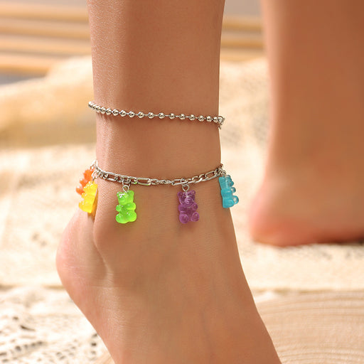 Jewelry WholesaleWholesale silver chain color resin bear anklet JDC-AS-NZ010 Anklets 奈珠 %variant_option1% %variant_option2% %variant_option3%  Factory Price JoyasDeChina Joyas De China