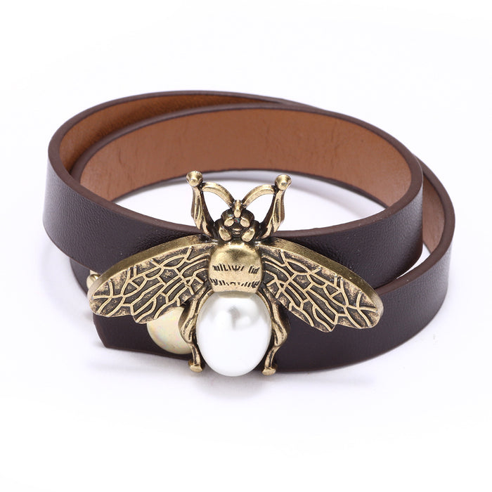 Wholesale Alloy Little Bee PU Leather Pearl Bracelet JDC-BT-QiN003