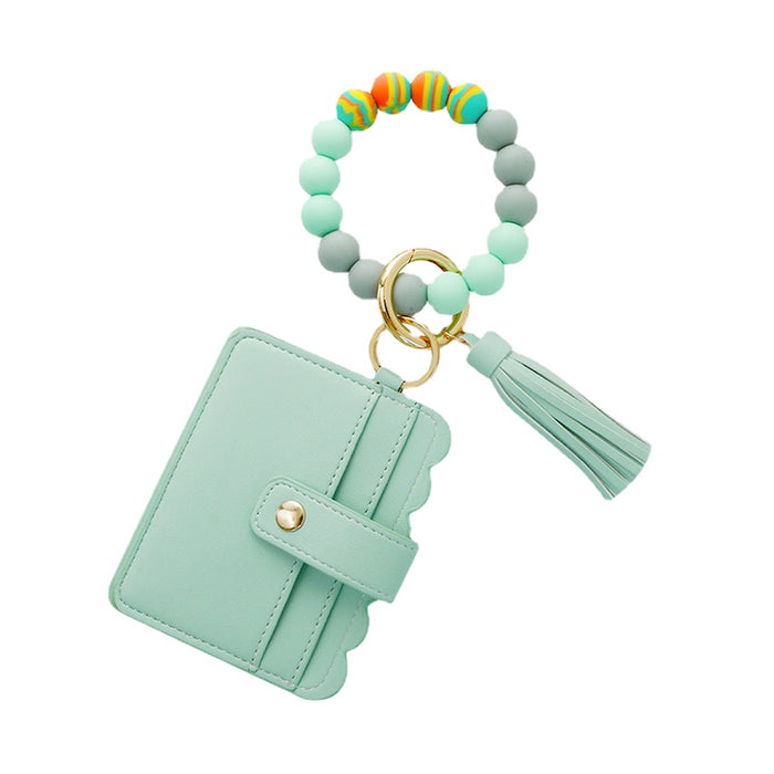 Wholesale Silicone Beaded Leather Card Holder Wristlet Keychain MOQ≥2 JDC-KC-JM037