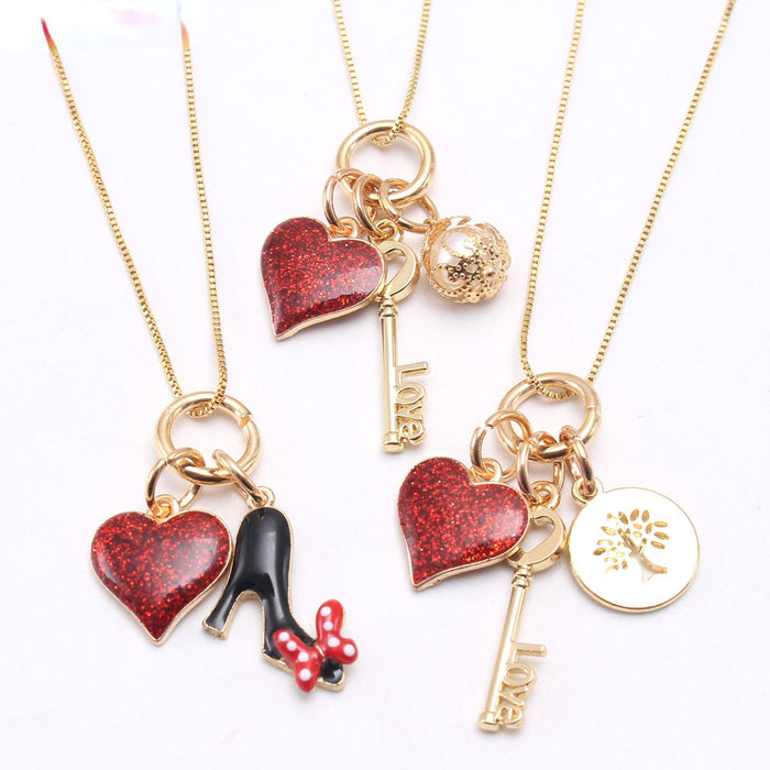 Wholesale red peach heart pendant drip oil alloy children's necklace JDC-NE-nijia003