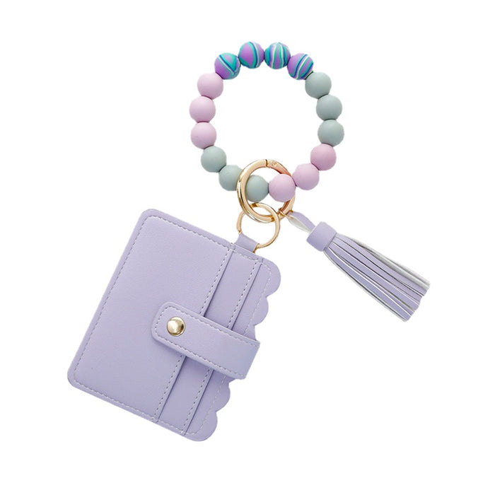 Wholesale Silicone Beaded Leather Card Holder Wristlet Keychain MOQ≥2 JDC-KC-JM037