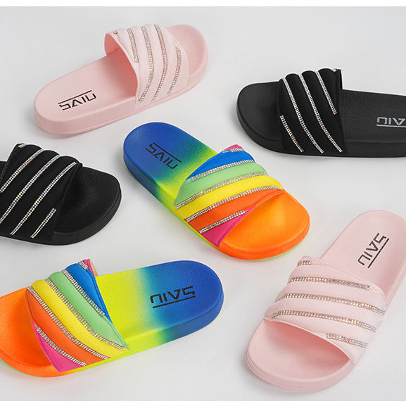 Wholesale summer women's sandals and slippers rainbow diagonal drill slipper JDC-SP-SanT005