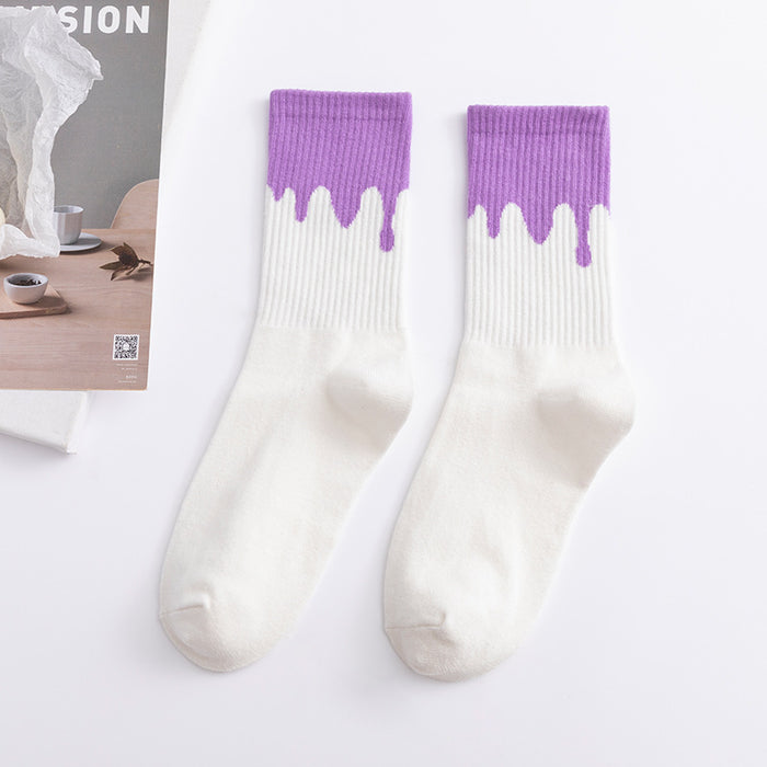 Wholesale Cream Flowing Contrast Color Sports Socks Cotton Socks Mid Tube MOQ≥3 JDC-SK-FuW002