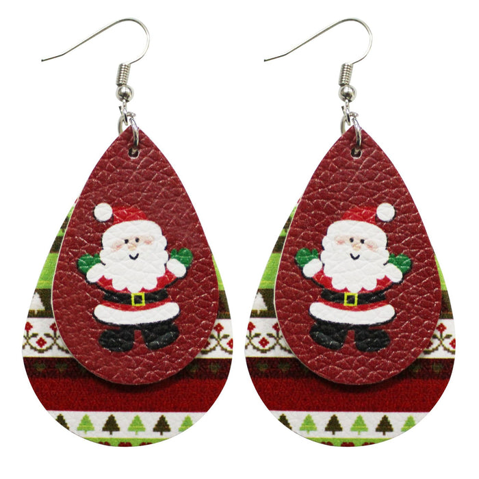 Wholesale Earrings PU Christmas Print Water Drop Shape MOQ≥2 JDC-ES-Tianpi003