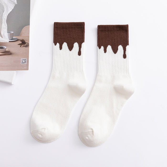 Wholesale Cream Flowing Contrast Color Sports Socks Cotton Socks Mid Tube MOQ≥3 JDC-SK-FuW002