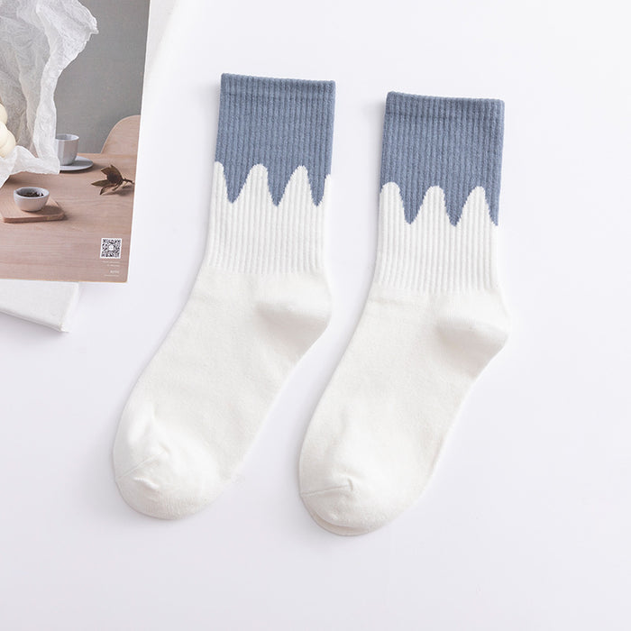 Wholesale Cream Flowing Contrast Color Sports Socks Cotton Socks Mid Tube MOQ≥3 JDC-SK-FuW002