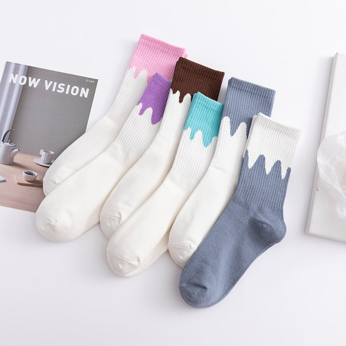 Wholesale Cream Flowing Contrast Color Sports Socks Cotton Socks Mid Tube MOQ≥3 JDC-SK-FuW002