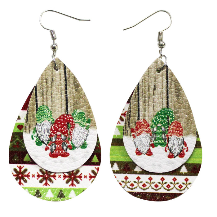 Wholesale Earrings PU Christmas Print Water Drop Shape MOQ≥2 JDC-ES-Tianpi003