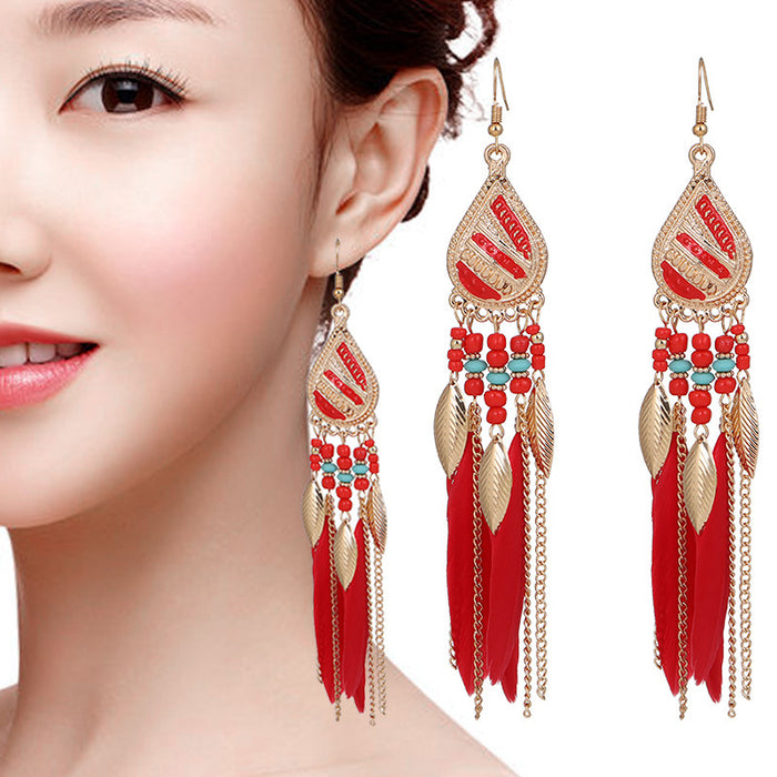 Jewelry WholesaleWholesale Boho Rice Beads Feather Tassel Alloy Earrings JDC-ES-Daiq030 Earrings 黛茜 %variant_option1% %variant_option2% %variant_option3%  Factory Price JoyasDeChina Joyas De China