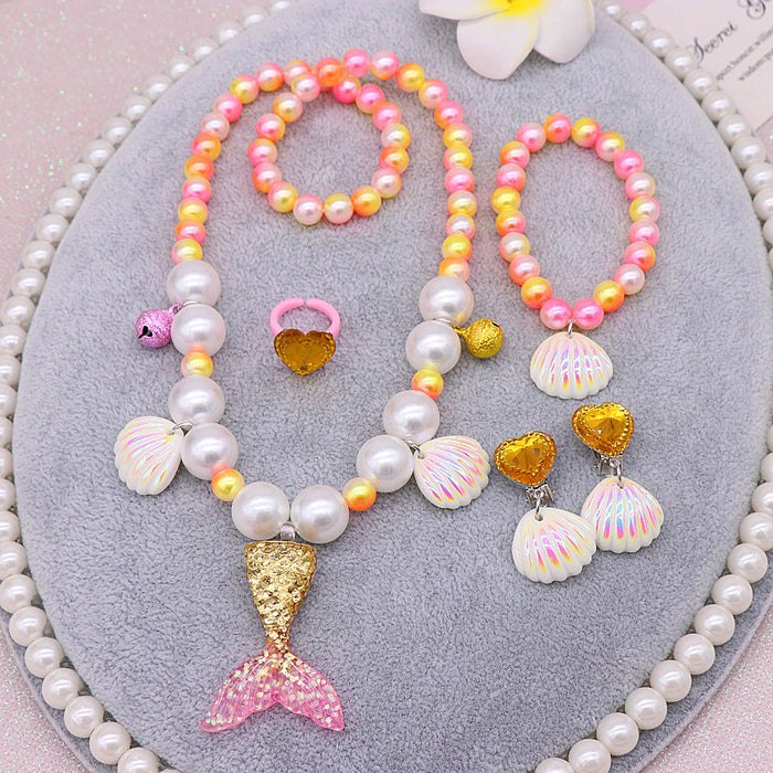 Wholesale Necklace Mermaid Tail Girls Pearl Necklace Bracelet Ring Earring Set MOQ≥2 JDC-RS-NanD001