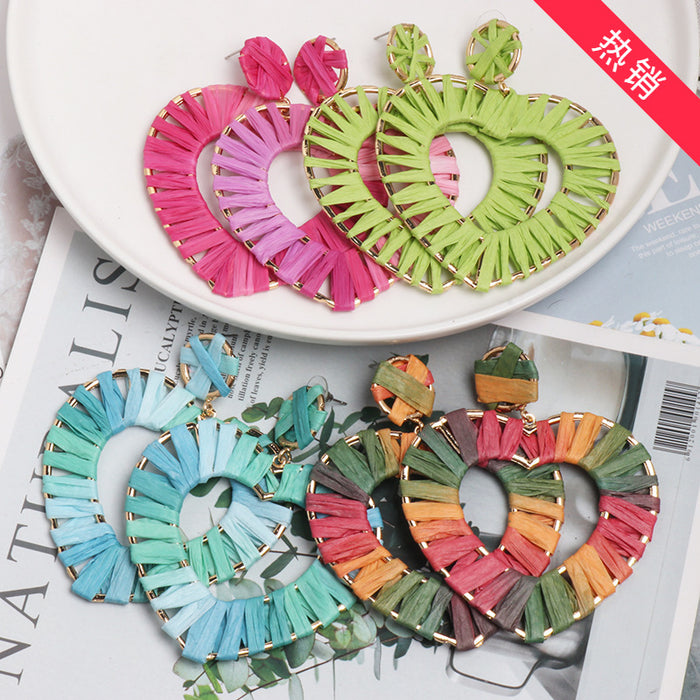 Jewelry WholesaleWholesale exaggerated metal heart earrings raffia handmade JDC-ES-jr036 Earrings 琚冉 %variant_option1% %variant_option2% %variant_option3%  Factory Price JoyasDeChina Joyas De China