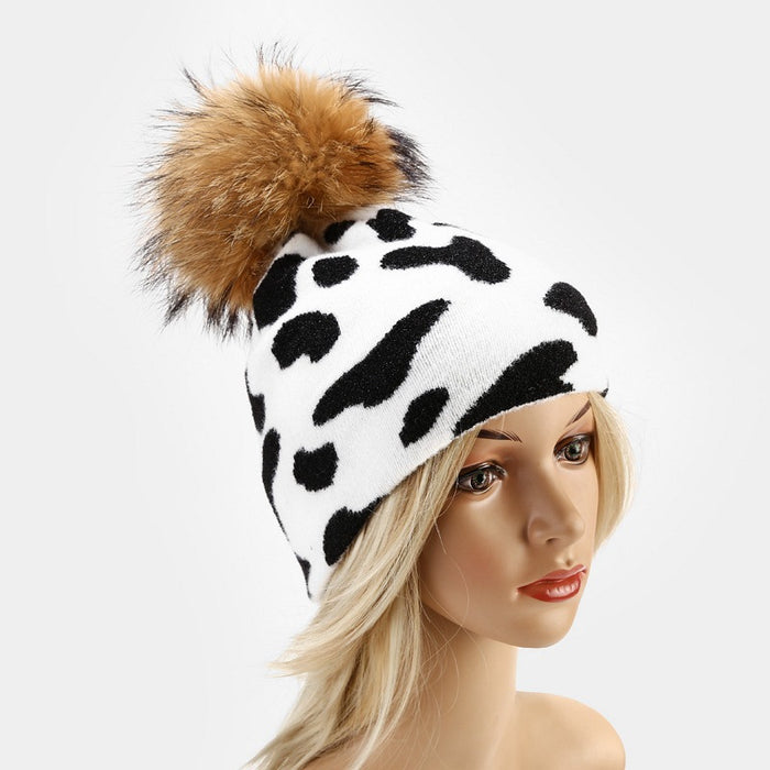 Wholesale Hat Wool Warm Winter Cow Leopard Pattern Knitted Hat JDC-FH-LvYi048