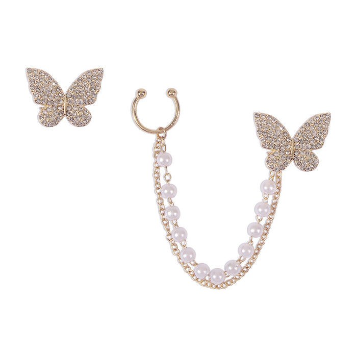 Wholesale One Piece Ear Clip Bone Asymmetric Pearl Butterfly Sweet Earrings JDC-ES-Qiandi015