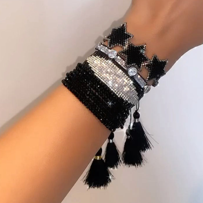 Wholesale Black Punk Style Diamond Hand Beaded Braided Hexagram Bracelet JDC-BT-GBH103