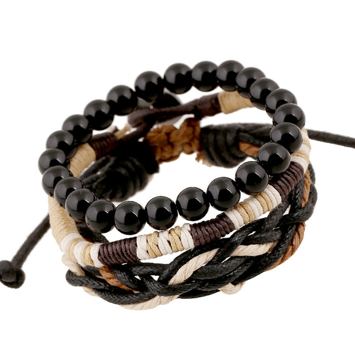 Wholesale Bracelet Wax Thread Hemp Rope Glass Beads Three-Piece Set Multilayer Men's Bracelet JDC-BT-PK040