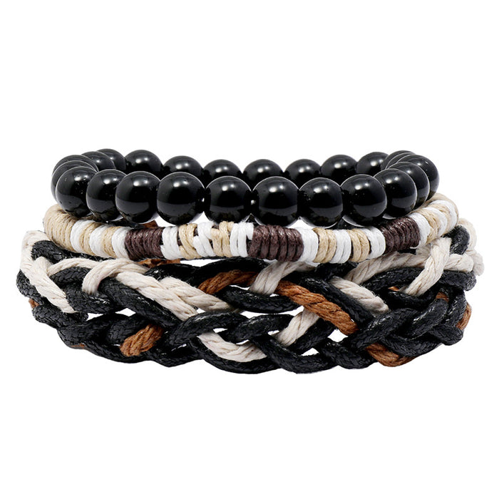 Wholesale Bracelet Wax Thread Hemp Rope Glass Beads Three-Piece Set Multilayer Men's Bracelet JDC-BT-PK040