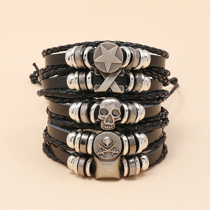 Wholesale Bracelet PU Wax Line Leather Alloy CCB Skull Five Piece Set JDC-BT-ShuoQ005