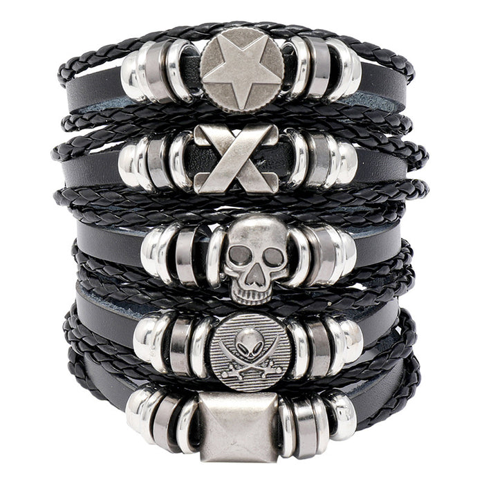 Wholesale Bracelet PU Wax Line Leather Alloy CCB Skull Five Piece Set JDC-BT-ShuoQ005