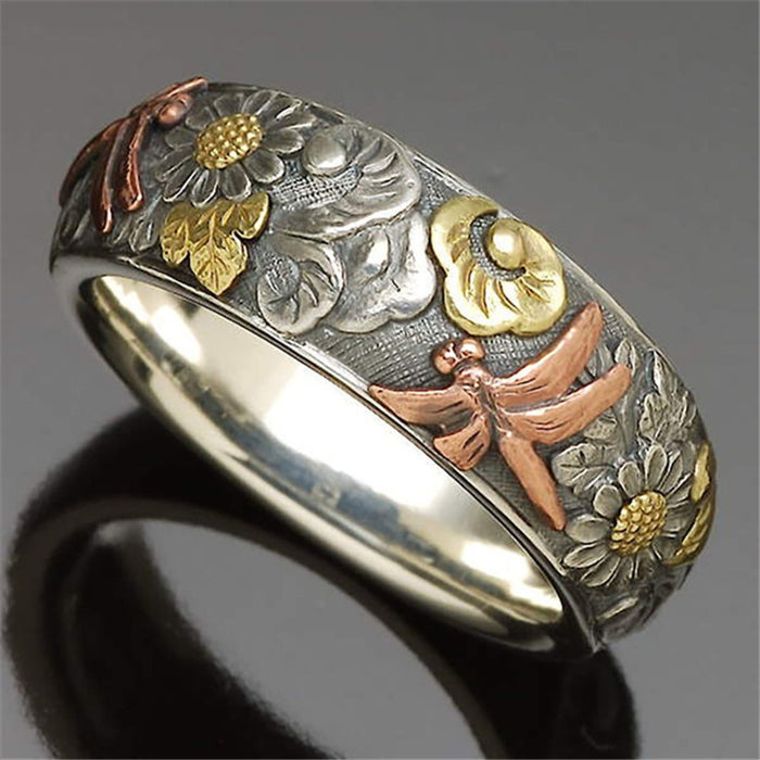 Wholesale Vintage Glyph Flower Dragonfly Sunflower Alloy Ring JDC-RS-LongR002