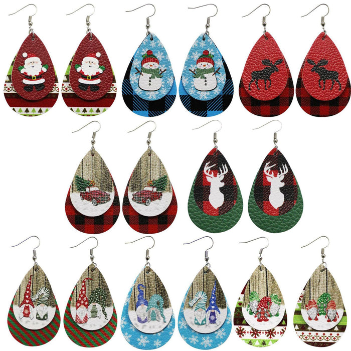 Wholesale Earrings PU Christmas Print Water Drop Shape MOQ≥2 JDC-ES-Tianpi003