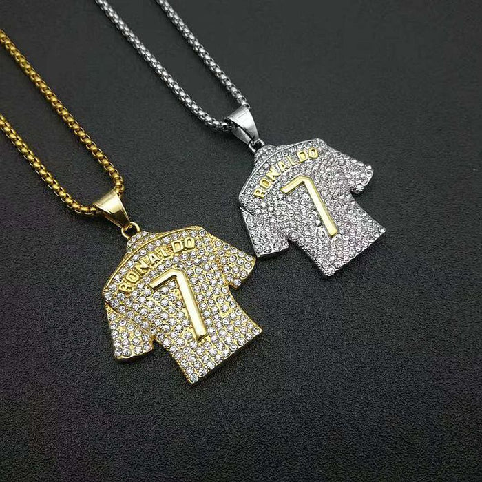 Wholesale Titanium Steel Gold Plated Diamond No.7 Shirt Pendant Necklace JDC-CS-HongXin003