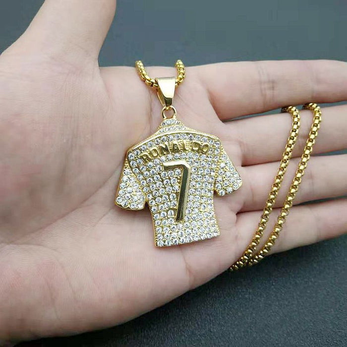 Wholesale Titanium Steel Gold Plated Diamond No.7 Shirt Pendant Necklace JDC-CS-HongXin003