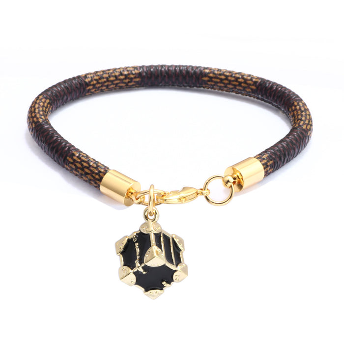 Wholesale Striped PU Leather Rope Plating Real Gold Bracelet (F) JDC-BT-QiN004