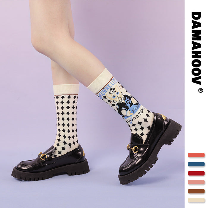 Wholesale Socks Cotton Illustration Plaid Cartoon Cute MOQ≥3 JDC-SK-XunaH002