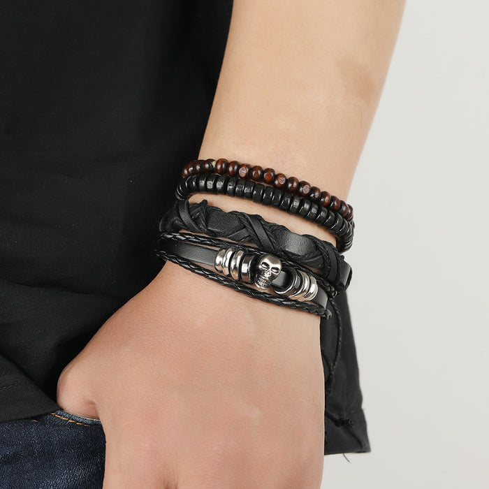 Wholesale Skull Beaded Vintage Leather Bracelet Men's Braided DIY Set JDC-BT-SaiH009