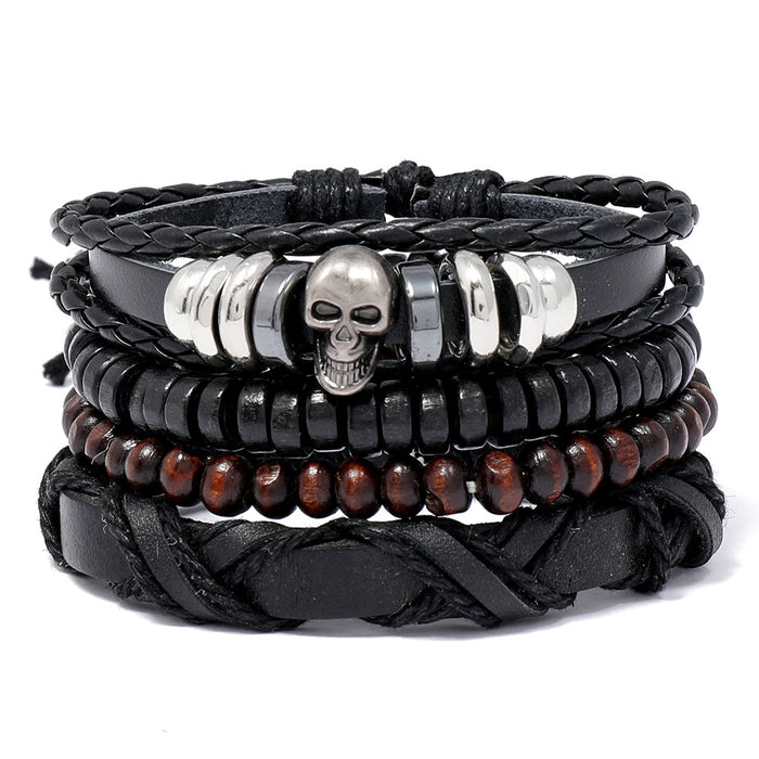 Wholesale Skull Beaded Vintage Leather Bracelet Men's Braided DIY Set JDC-BT-SaiH009