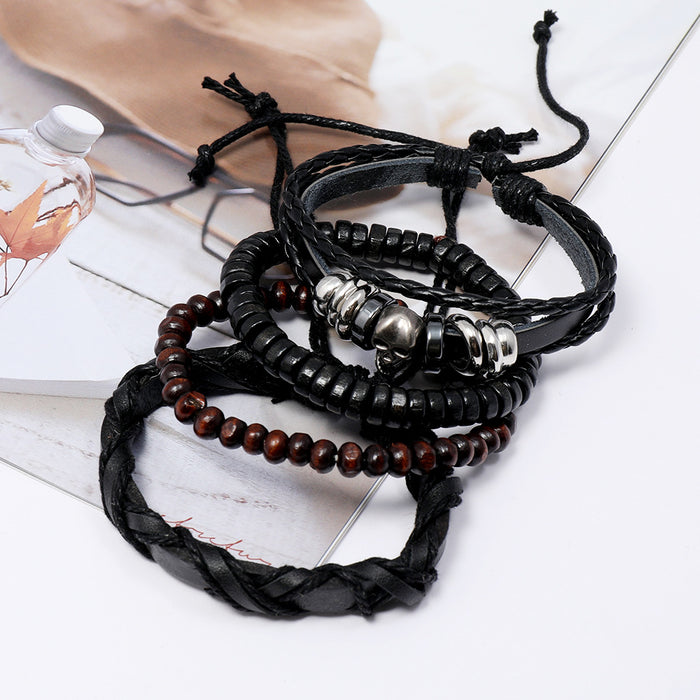 Wholesale Skull Beaded Vintage Leather Bracelet Men's Braided DIY Set JDC-BT-SaiH009