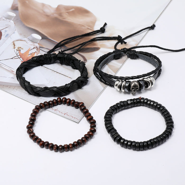 Wholesale Skull Beaded Vintage Leather Bracelet Men's Braided DIY Set JDC-BT-SaiH009