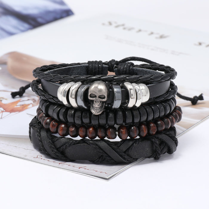 Wholesale Skull Beaded Vintage Leather Bracelet Men's Braided DIY Set JDC-BT-SaiH009