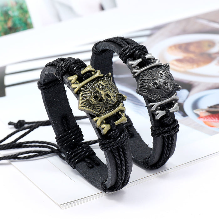 Wholesale Vintage Braided Leather Alloy Wolf Head Leather Bracelet JDC-BT-SaiH012