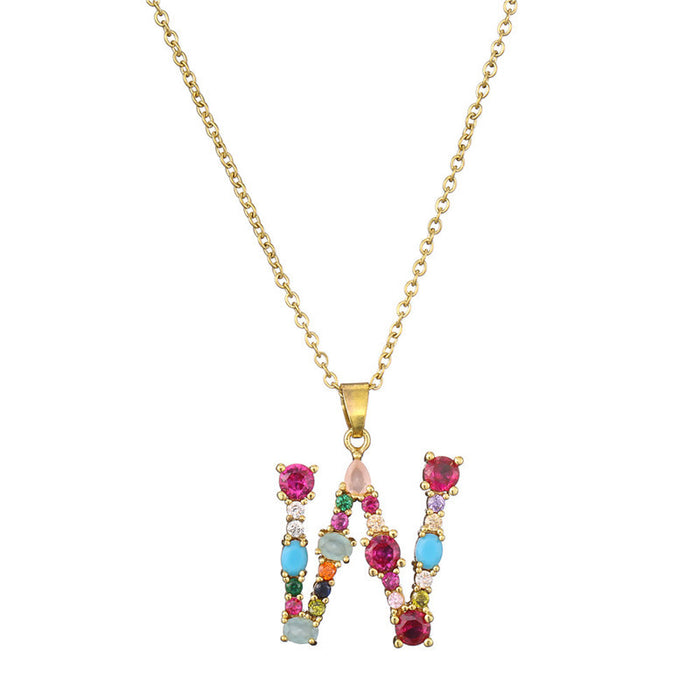 Jewelry WholesaleWholesale 26 English alphabet necklace mixed color gemstone inlaid collarbone chain JDC-NE-AG146 Necklaces 澳古 %variant_option1% %variant_option2% %variant_option3%  Factory Price JoyasDeChina Joyas De China