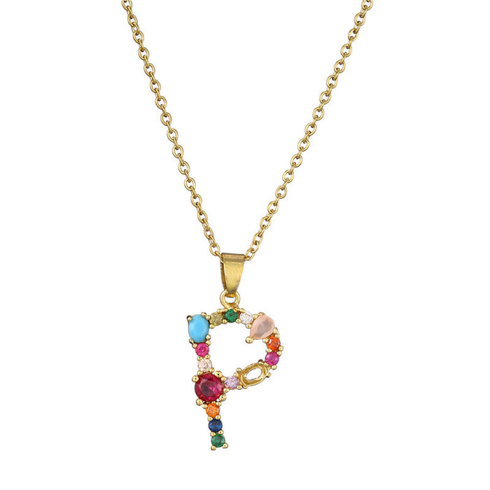 Jewelry WholesaleWholesale 26 English alphabet necklace mixed color gemstone inlaid collarbone chain JDC-NE-AG146 Necklaces 澳古 %variant_option1% %variant_option2% %variant_option3%  Factory Price JoyasDeChina Joyas De China