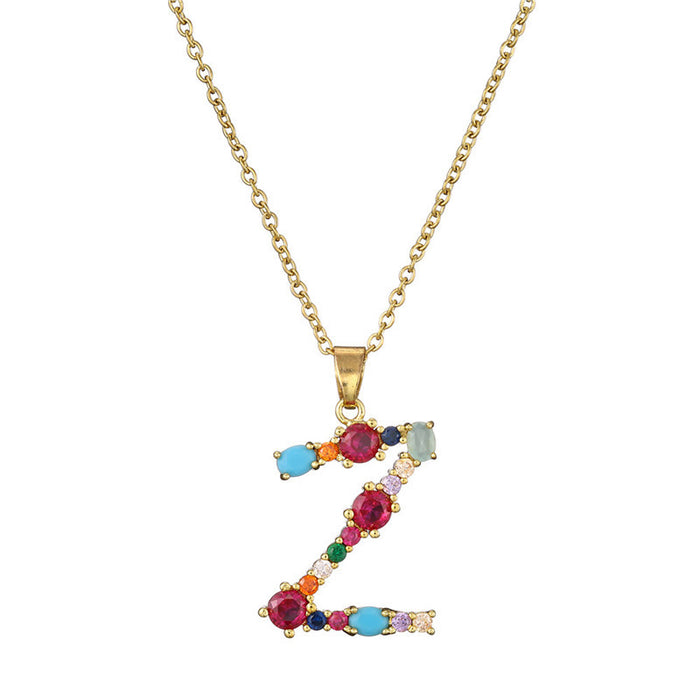 Jewelry WholesaleWholesale 26 English alphabet necklace mixed color gemstone inlaid collarbone chain JDC-NE-AG146 Necklaces 澳古 %variant_option1% %variant_option2% %variant_option3%  Factory Price JoyasDeChina Joyas De China