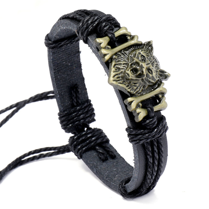 Wholesale Vintage Braided Leather Alloy Wolf Head Leather Bracelet JDC-BT-SaiH012