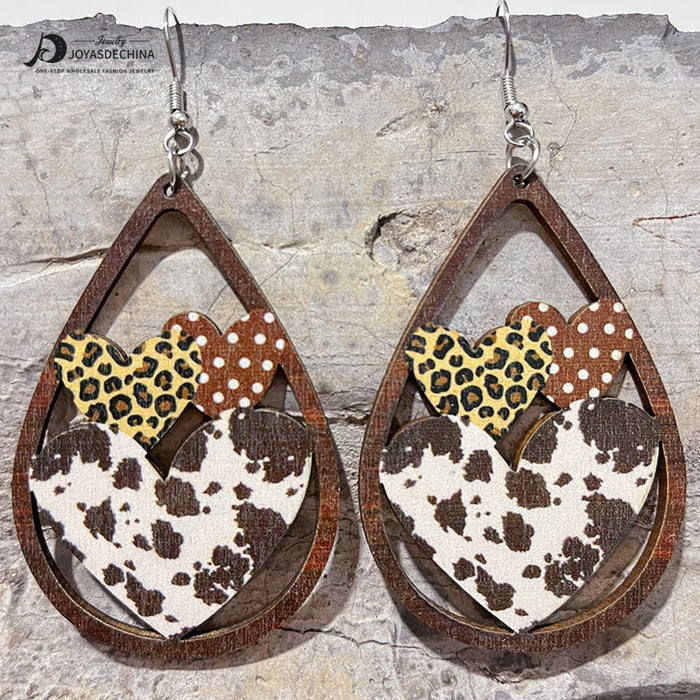 Wholesale Earrings Wooden Printed Hollow Heart 2 Pairs JDC-ES-HeYi090