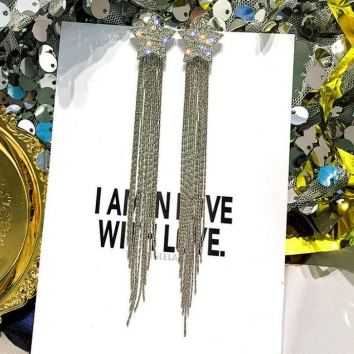 Jewelry WholesaleWholesale s925 silver needle full diamond pentagram long tassel earrings JDC-ES-Dengy009 Earrings 登云 %variant_option1% %variant_option2% %variant_option3%  Factory Price JoyasDeChina Joyas De China