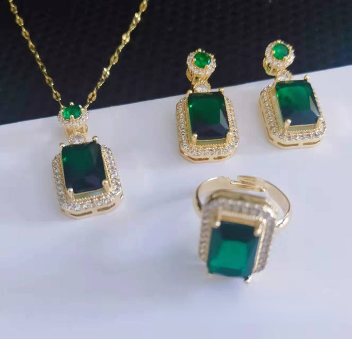 Wholesale Earrings Copper Emerald Crystal Zircon Necklace Ring Jewelry Set MOQ≥2 JDC-ES-YouW001