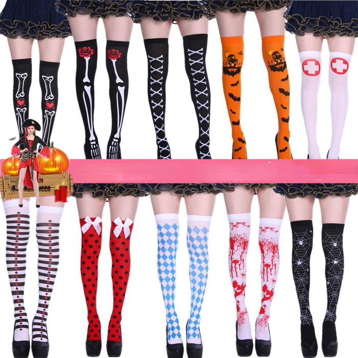 Wholesale Socks Polyester Halloween Bat Skull Bones Over Knee Stockings MOQ≥2 JDC-SK-Shuangniu001