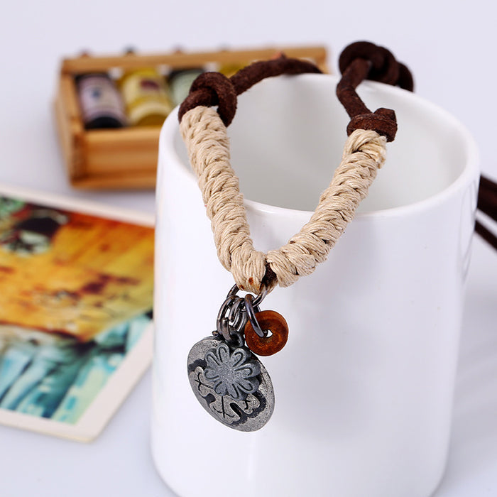 Wholesale Vintage Leather Alloy Hemp Rope Men's Necklace JDC-NE-PK004