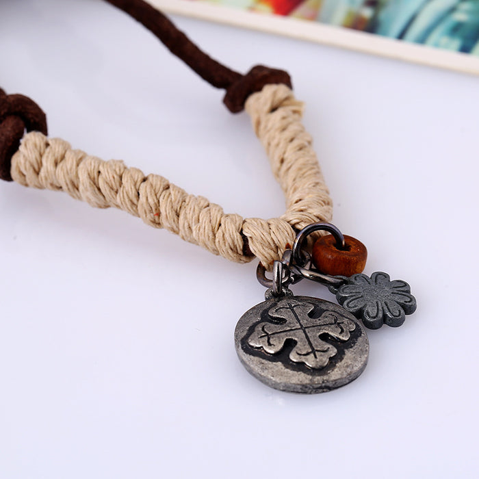 Wholesale Vintage Leather Alloy Hemp Rope Men's Necklace JDC-NE-PK004