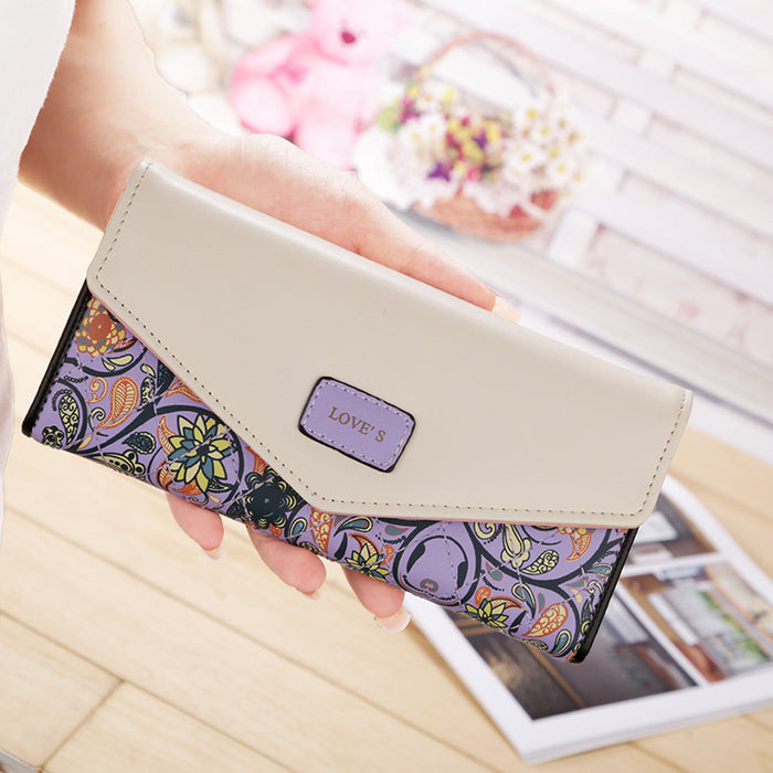 Wholesale Small Floral Lingge Contrast Color Envelope Buckle Ladies Wallet Long Section JDC-WT-Chengpi006