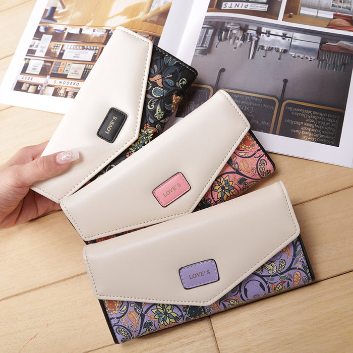 Wholesale Small Floral Lingge Contrast Color Envelope Buckle Ladies Wallet Long Section JDC-WT-Chengpi006