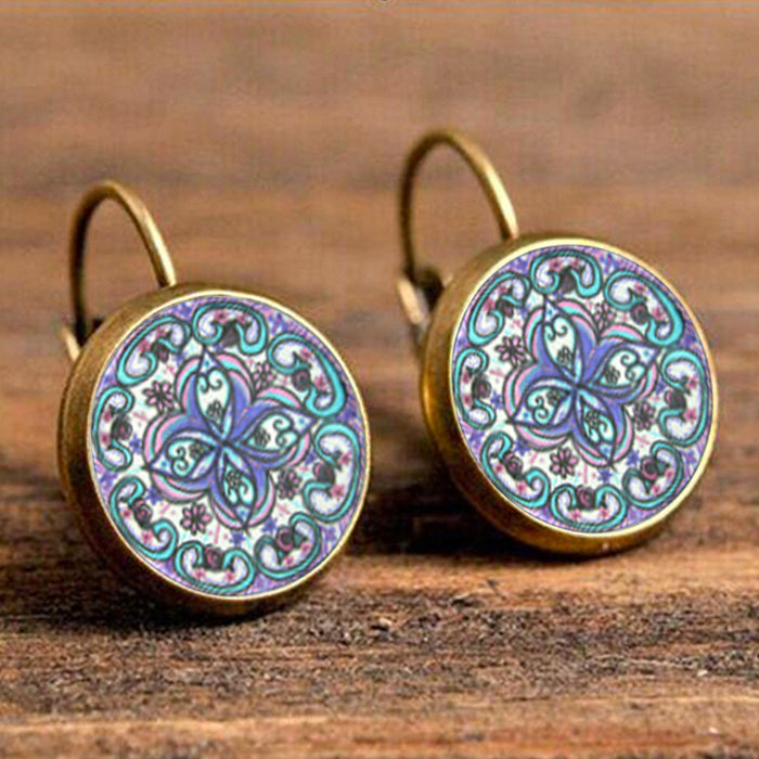 Wholesale Vintage Mandala Print Time Stone French Earrings MOQ≥2 JDC-ES-Fangt014